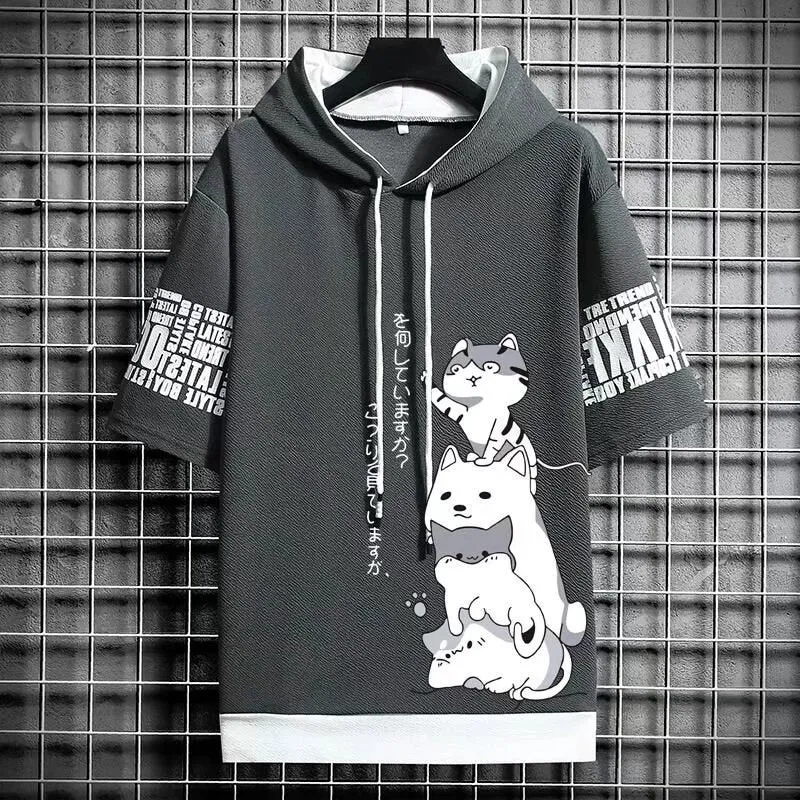 Men's Harajuku Streetwear Hoodies, Summer Cartoon Print Short Sleeve Sweatshirts, Casual Hooded Top, Japan Fashion Men's Clothing