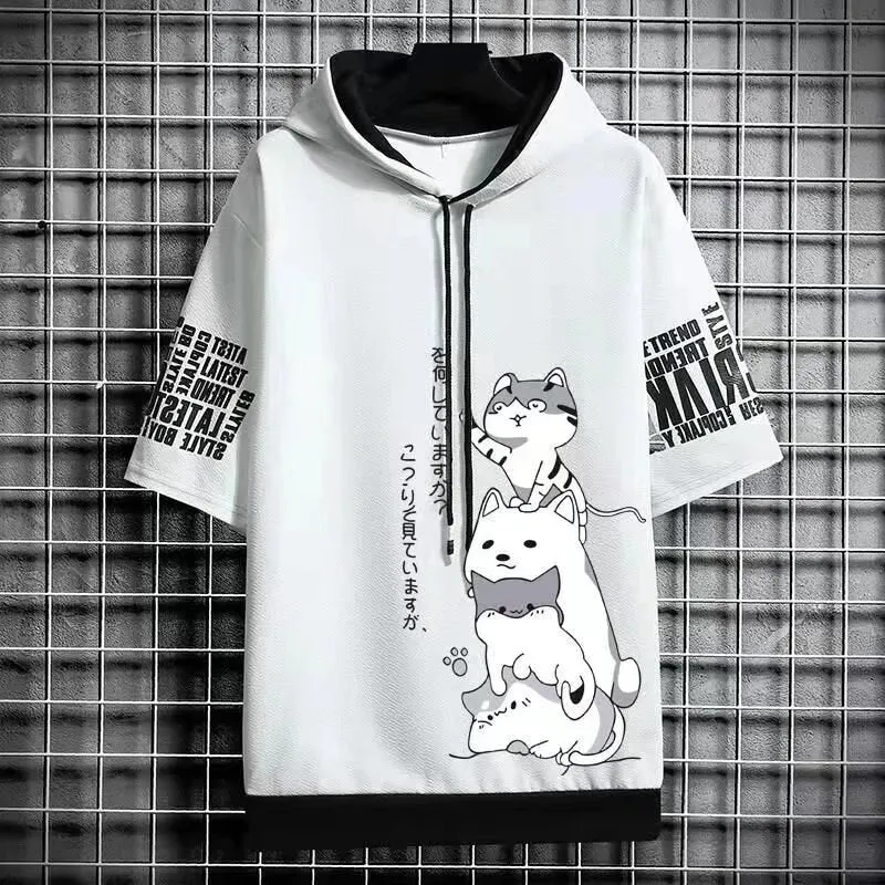 Men's Harajuku Streetwear Hoodies, Summer Cartoon Print Short Sleeve Sweatshirts, Casual Hooded Top, Japan Fashion Men's Clothing