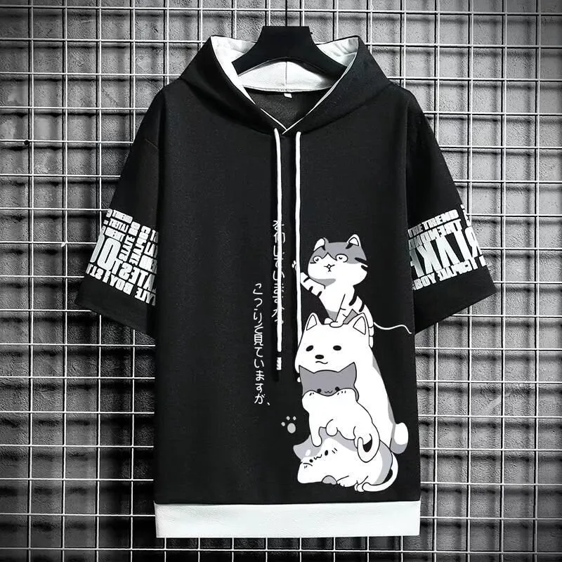 Men's Harajuku Streetwear Hoodies, Summer Cartoon Print Short Sleeve Sweatshirts, Casual Hooded Top, Japan Fashion Men's Clothing