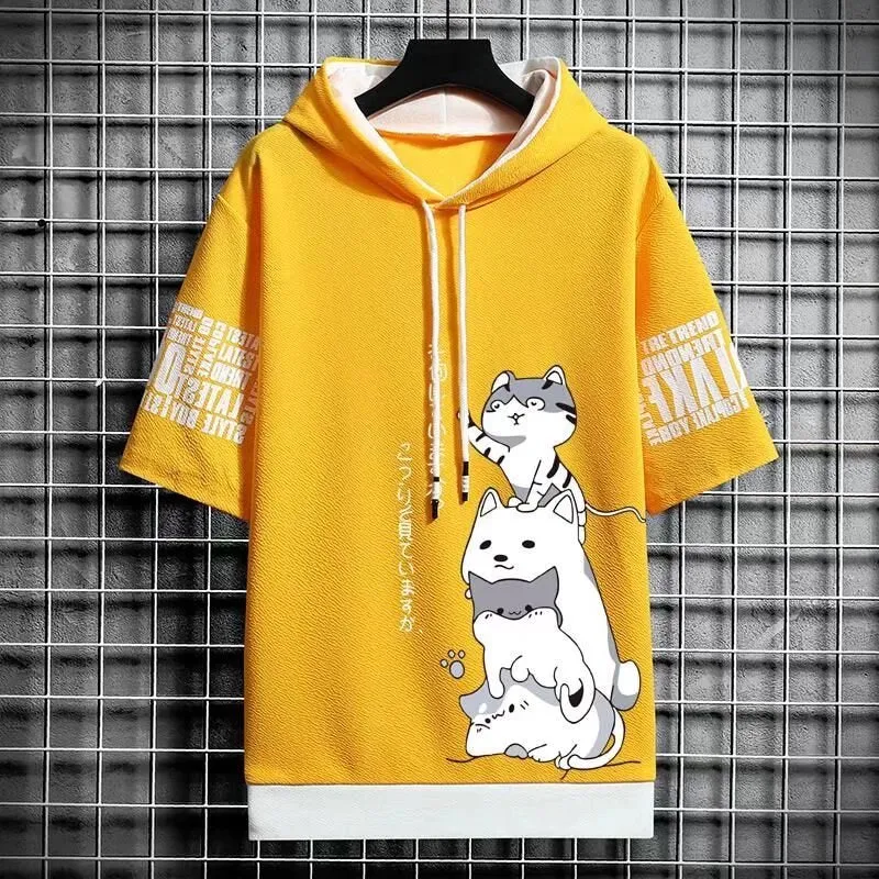 Men's Harajuku Streetwear Hoodies, Summer Cartoon Print Short Sleeve Sweatshirts, Casual Hooded Top, Japan Fashion Men's Clothing