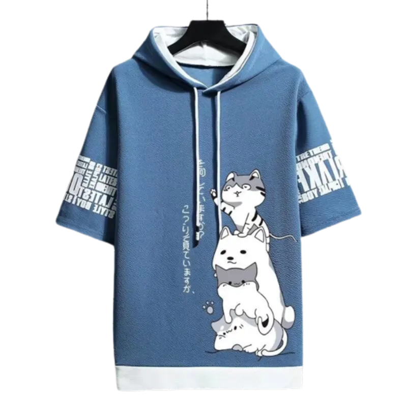 Men's Harajuku Streetwear Hoodies, Summer Cartoon Print Short Sleeve Sweatshirts, Casual Hooded Top, Japan Fashion Men's Clothing