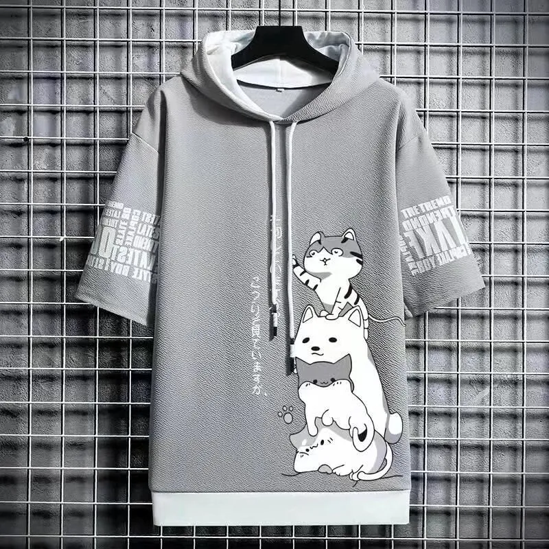 Men's Harajuku Streetwear Hoodies, Summer Cartoon Print Short Sleeve Sweatshirts, Casual Hooded Top, Japan Fashion Men's Clothing