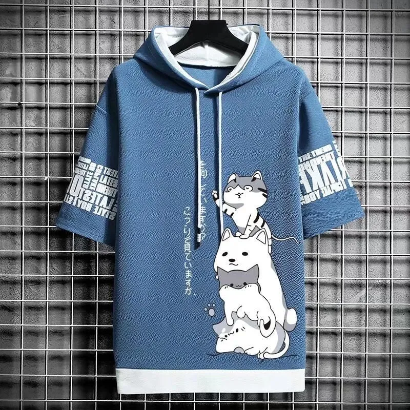 Men's Harajuku Streetwear Hoodies, Summer Cartoon Print Short Sleeve Sweatshirts, Casual Hooded Top, Japan Fashion Men's Clothing
