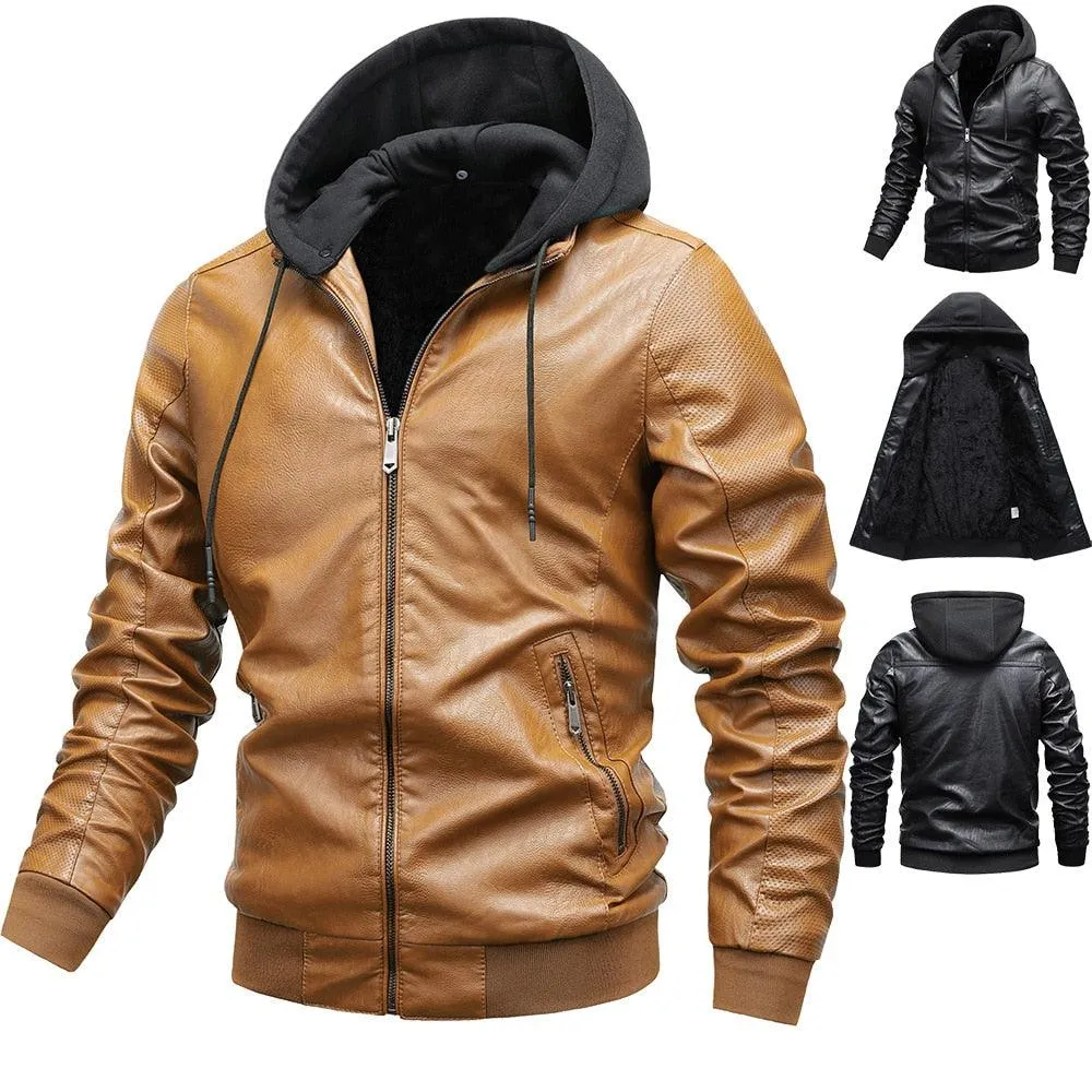 Men's Hooded PU Leather Thick Winter Jackets