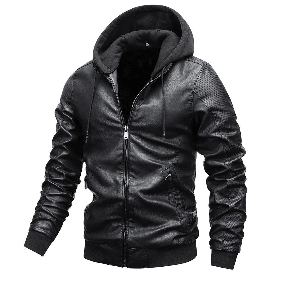 Men's Hooded PU Leather Thick Winter Jackets