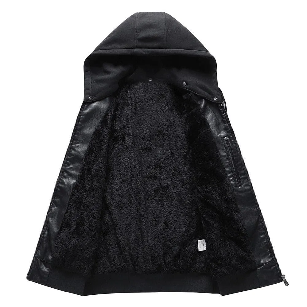 Men's Hooded PU Leather Thick Winter Jackets