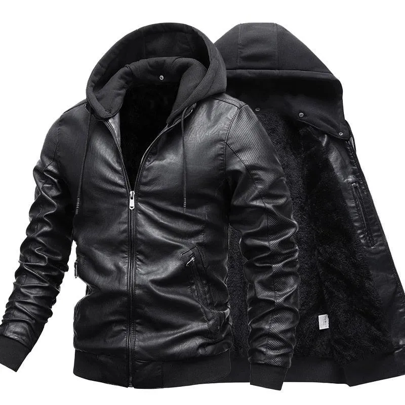 Men's Hooded PU Leather Thick Winter Jackets