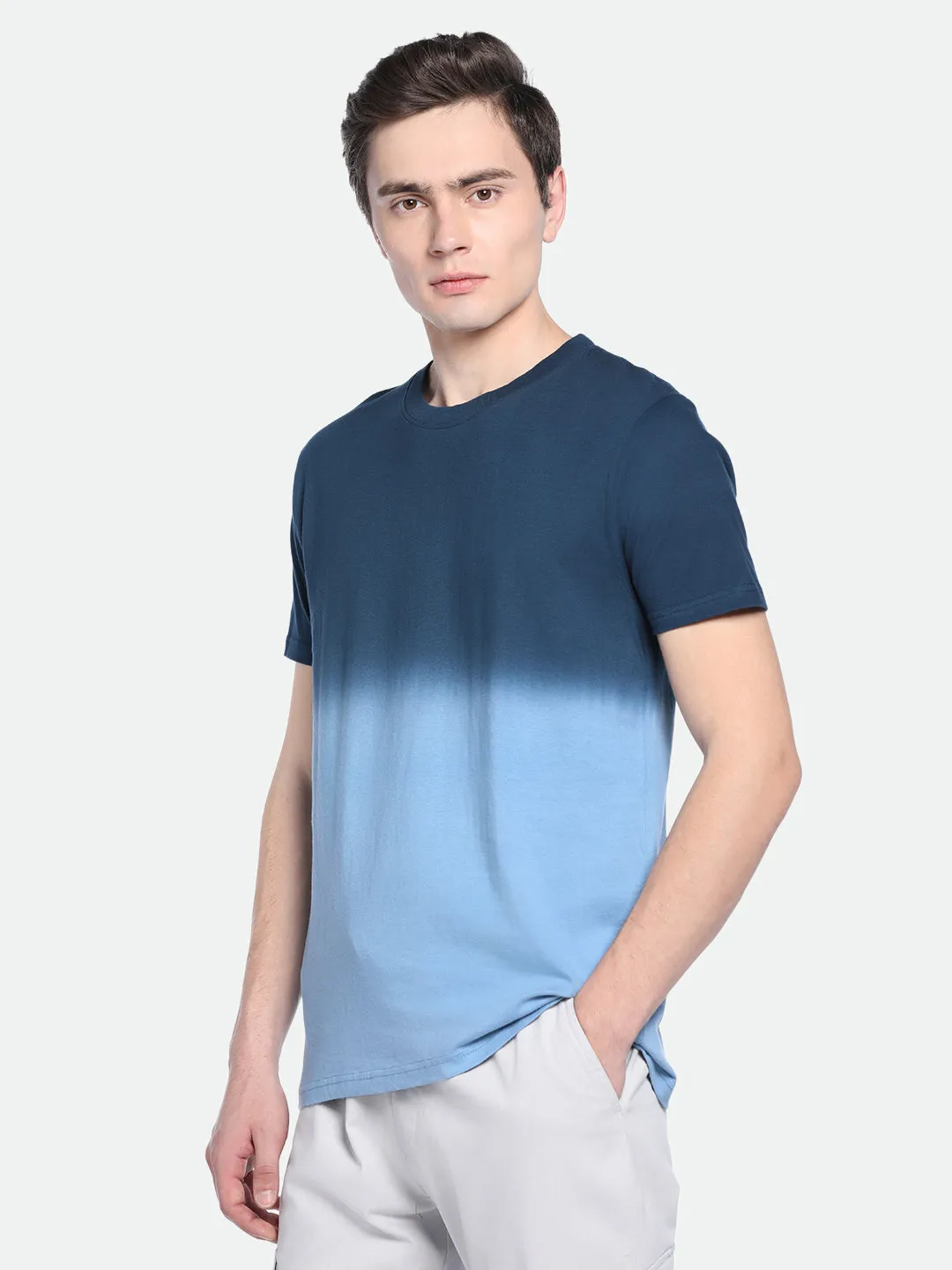 Men's Indigo Color Block Cotton Crew T-Shirt