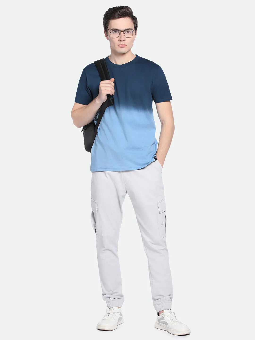 Men's Indigo Color Block Cotton Crew T-Shirt