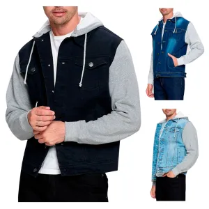 Men's Jean Jacket Hoodie Cotton Denim Long Sleeve Hybrid Hooded Trucker Jacket