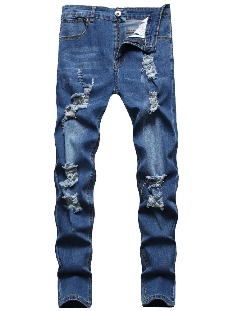 Men's Jeans Distressed Frayed Zip Fly Side Pocket Low Waist Long Skinny Jeans