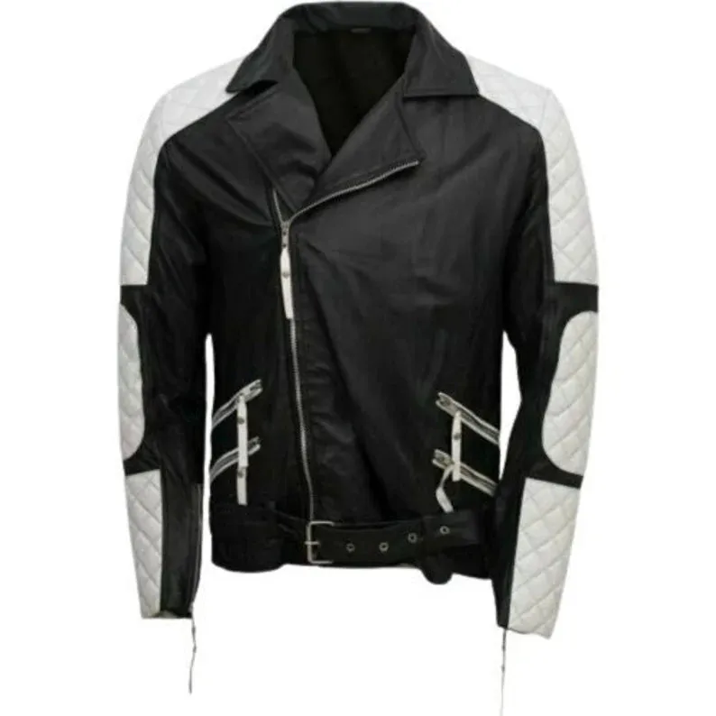 Men's Lambskin BLACK & WHITE Leather Jacket  by TJS