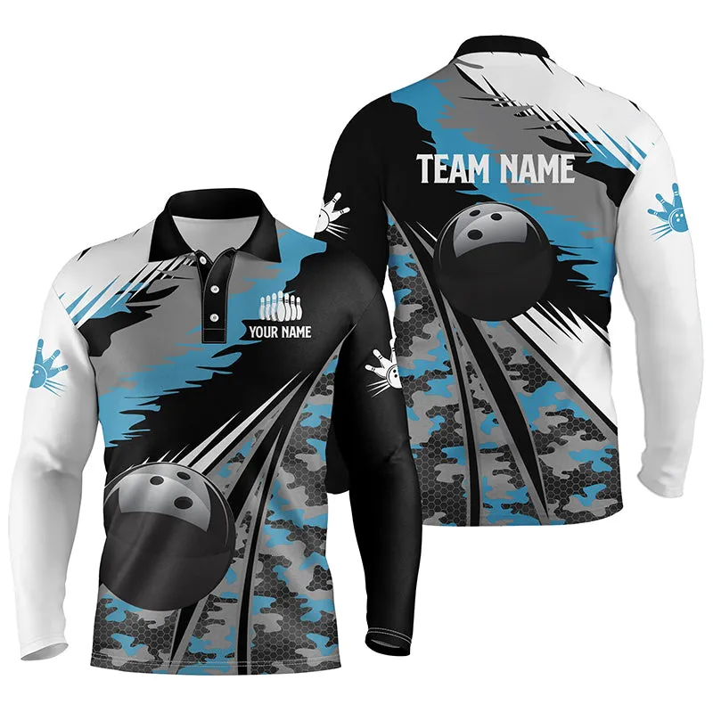 Mens Long Sleeve Polo Bowling Shirts Custom Black Ball Any Color Camo Bowling Team Jersey, Gift For Bowlers 