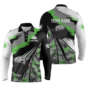 Mens Long Sleeve Polo Bowling Shirts Custom Black Ball Any Color Camo Bowling Team Jersey, Gift For Bowlers 