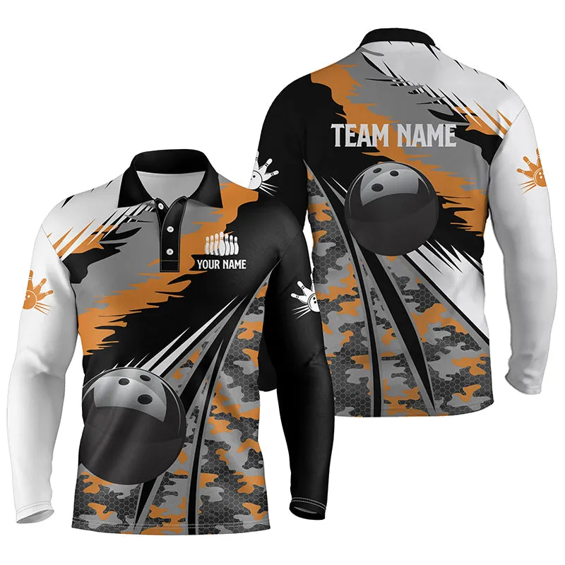 Mens Long Sleeve Polo Bowling Shirts Custom Black Ball Any Color Camo Bowling Team Jersey, Gift For Bowlers 
