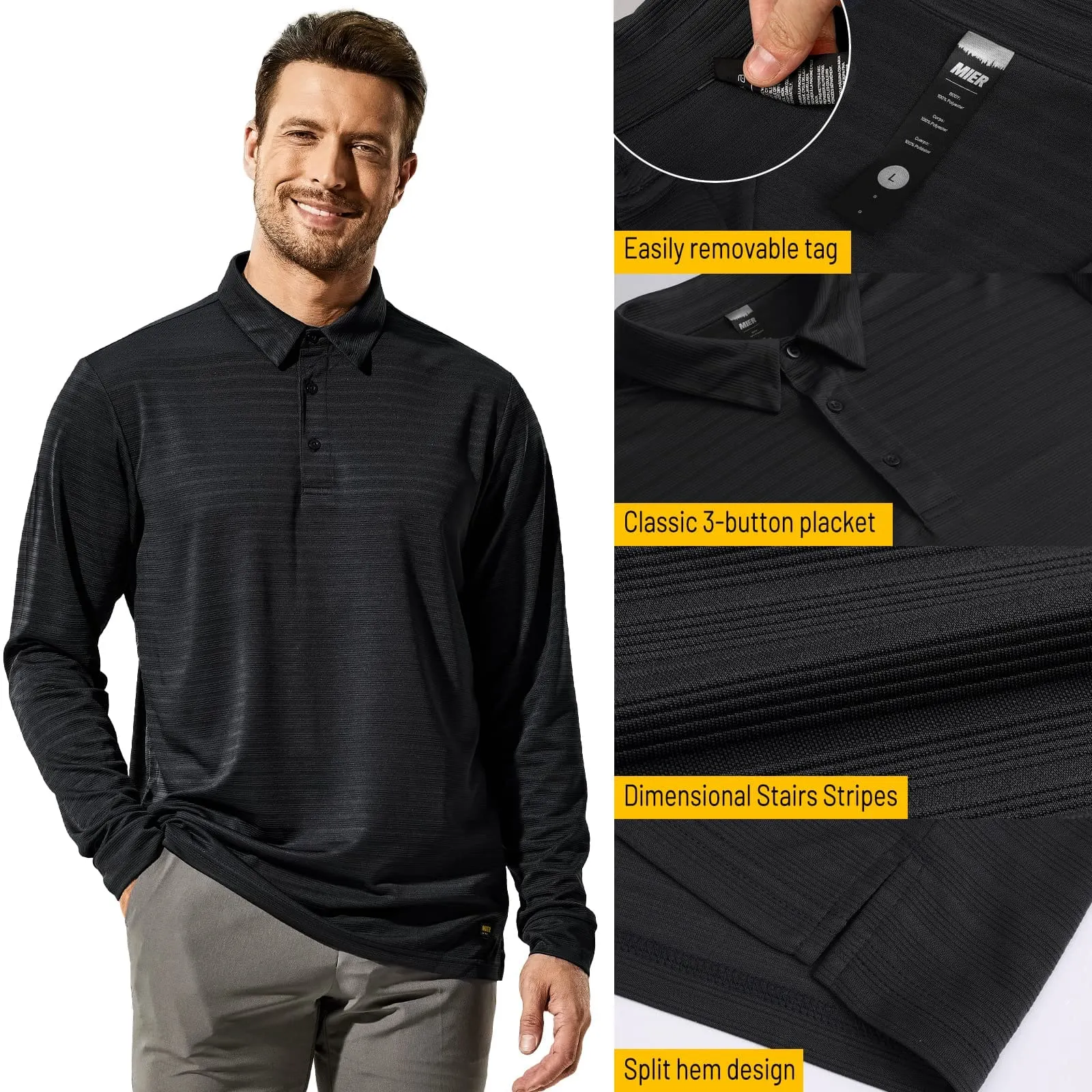 Men's Long Sleeve Polo Shirts Striped Quick Dry Golf Shirts