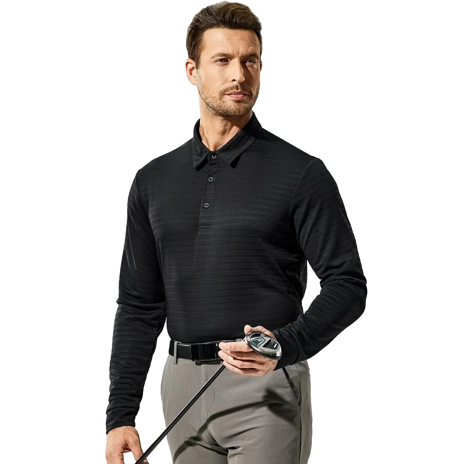 Men's Long Sleeve Polo Shirts Striped Quick Dry Golf Shirts