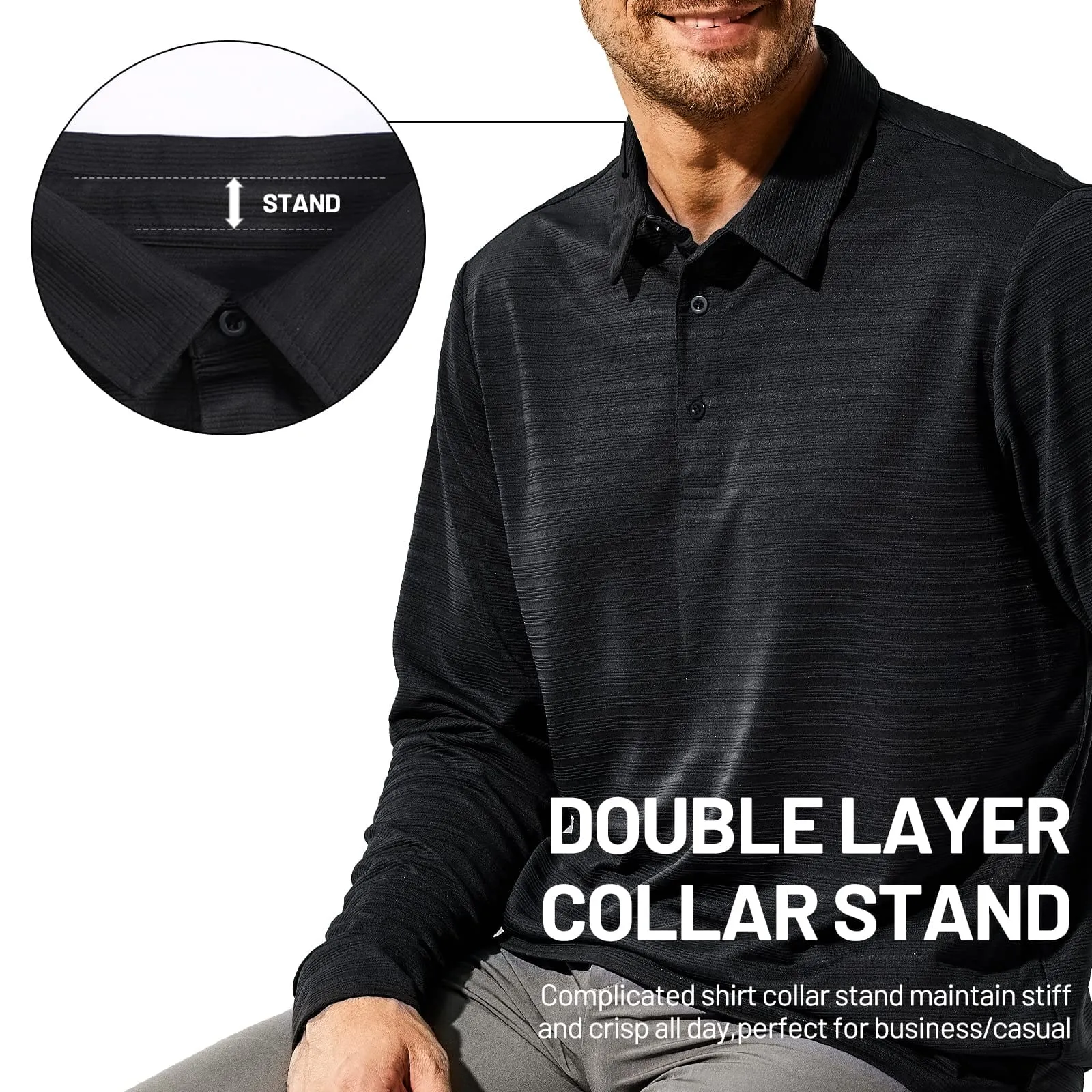 Men's Long Sleeve Polo Shirts Striped Quick Dry Golf Shirts