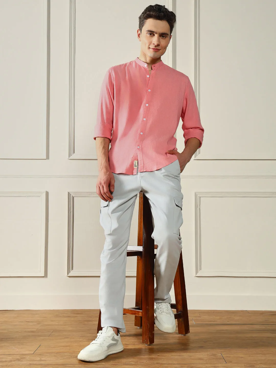 Men's Mandarin Collar Regular Fit Solid Pink Casual Shirt