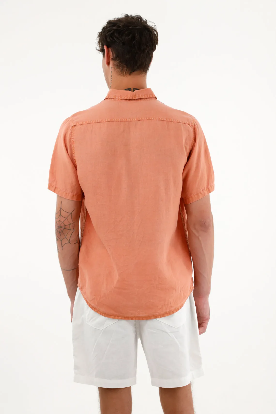 Men's Orange 100% Linen Short-Sleeve Shirt