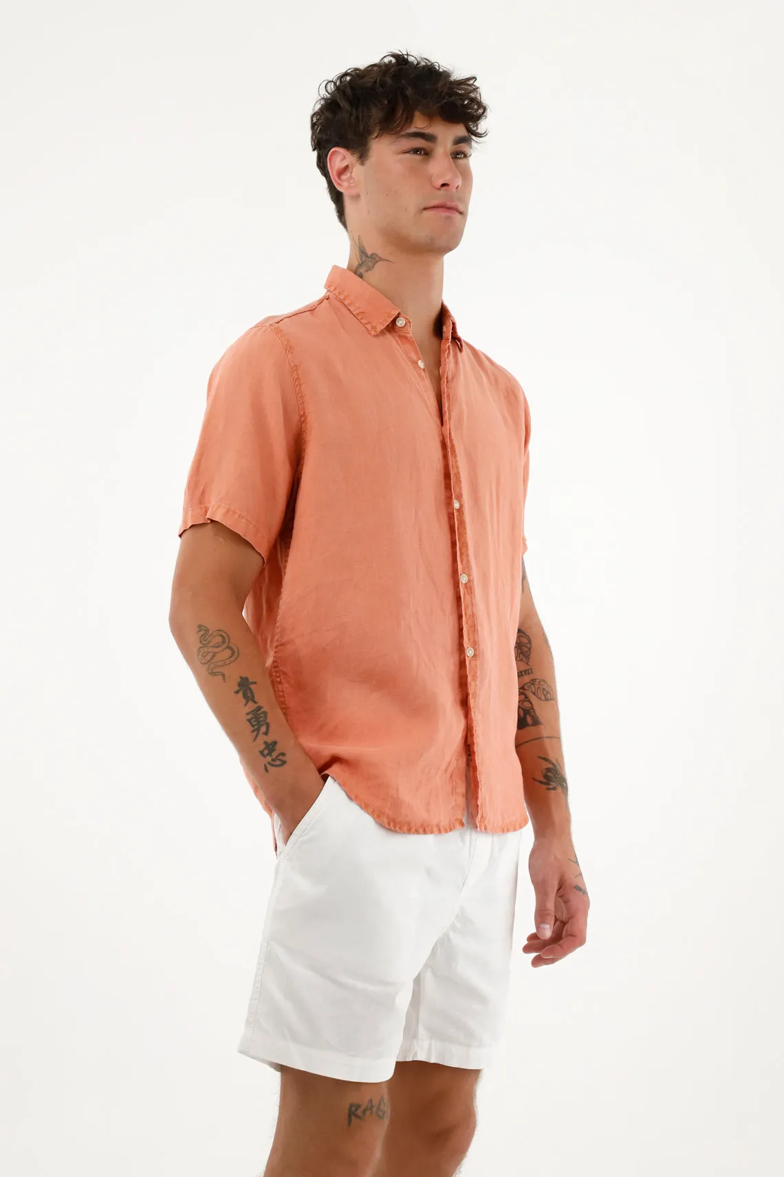 Men's Orange 100% Linen Short-Sleeve Shirt