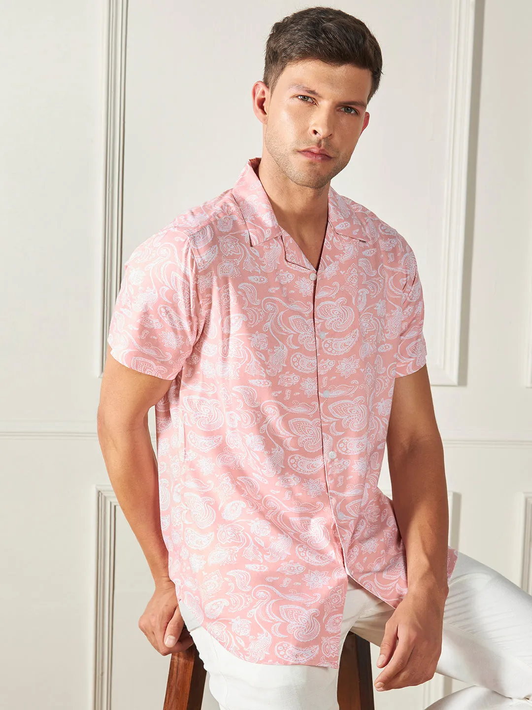 Men's Peach Ethnic prints Viscose Casual Shirt