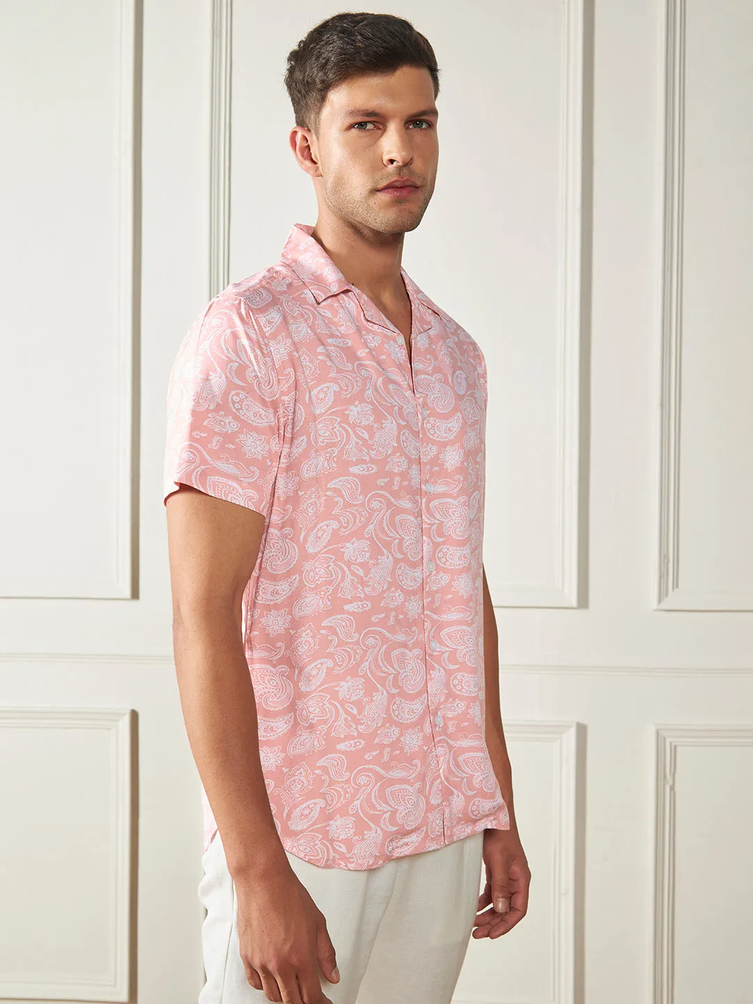 Men's Peach Ethnic prints Viscose Casual Shirt