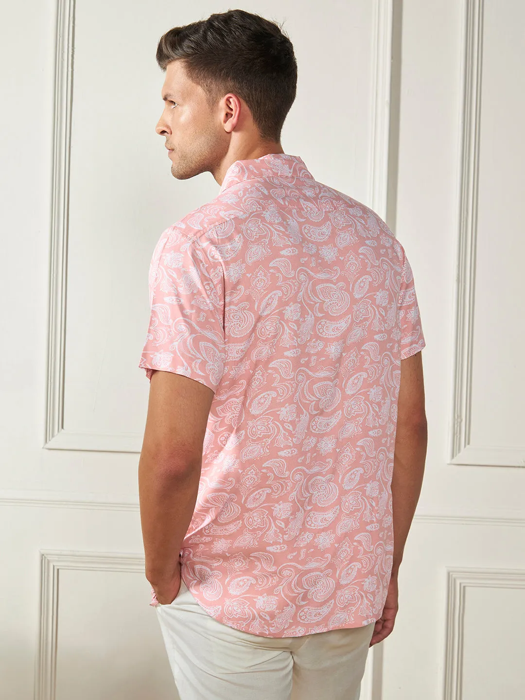 Men's Peach Ethnic prints Viscose Casual Shirt