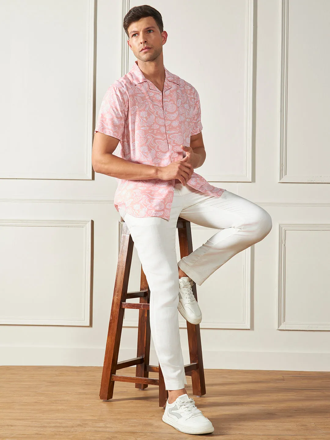 Men's Peach Ethnic prints Viscose Casual Shirt