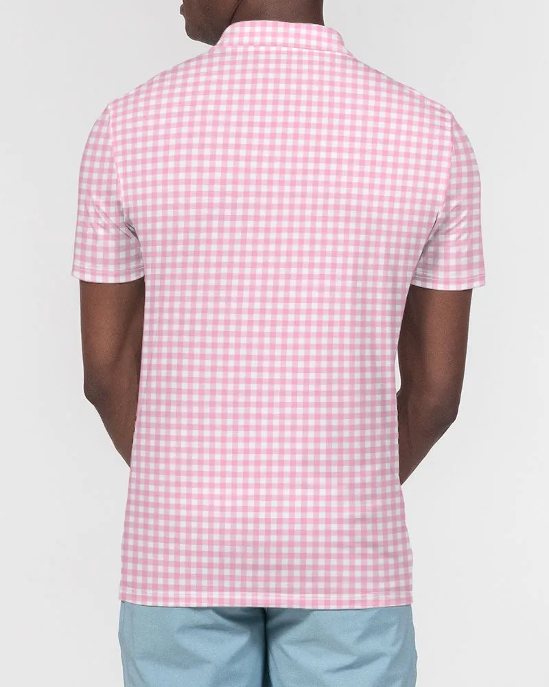 Men's Pink Gingham Short Sleeve Polo Golf Shirt