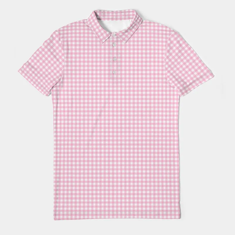 Men's Pink Gingham Short Sleeve Polo Golf Shirt
