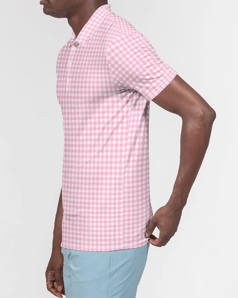 Men's Pink Gingham Short Sleeve Polo Golf Shirt