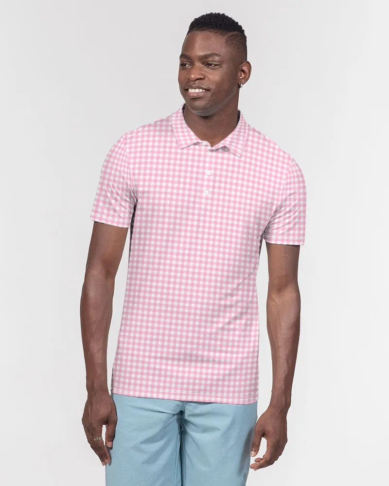 Men's Pink Gingham Short Sleeve Polo Golf Shirt