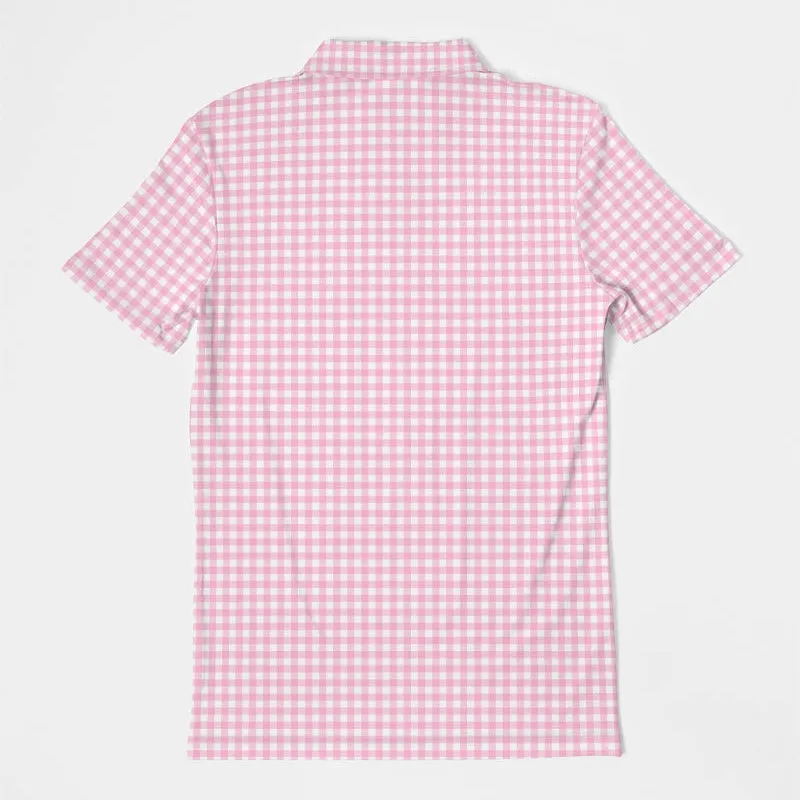 Men's Pink Gingham Short Sleeve Polo Golf Shirt