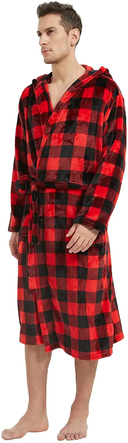 Men's Plaid Red Shawl Collar Fleece Hooded Long Sleeve Robe