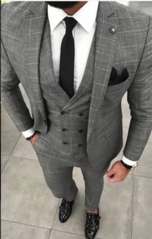 Men's Plaid Suit Plus Size Three Piece Men's Suit Grey