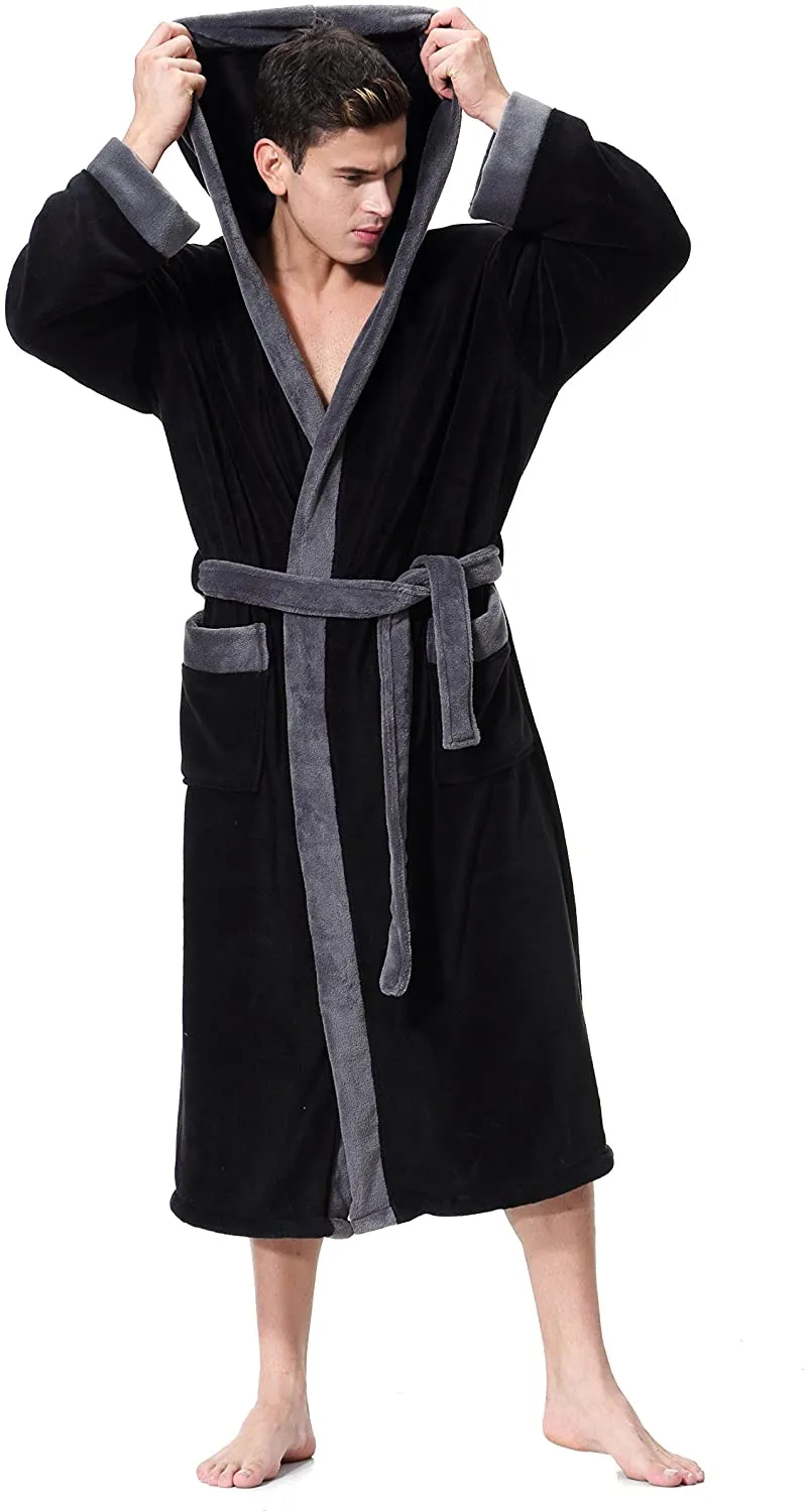Men's Plus Black Long Sleeve Shawl Hooded Robe