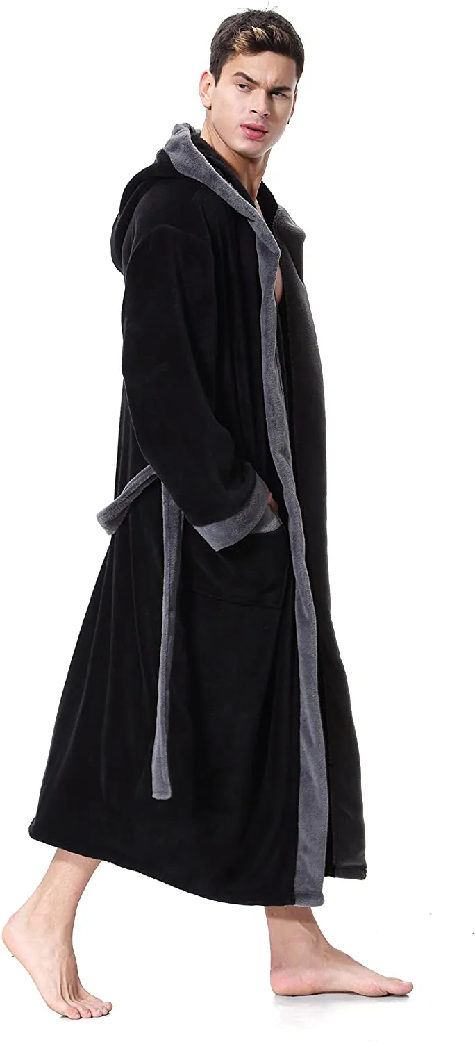 Men's Plus Black Long Sleeve Shawl Hooded Robe