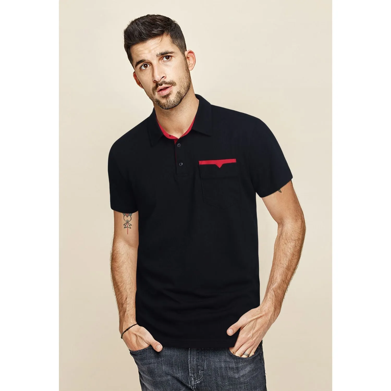 Men's Polo Shirt with Pocket - BLACK/RED