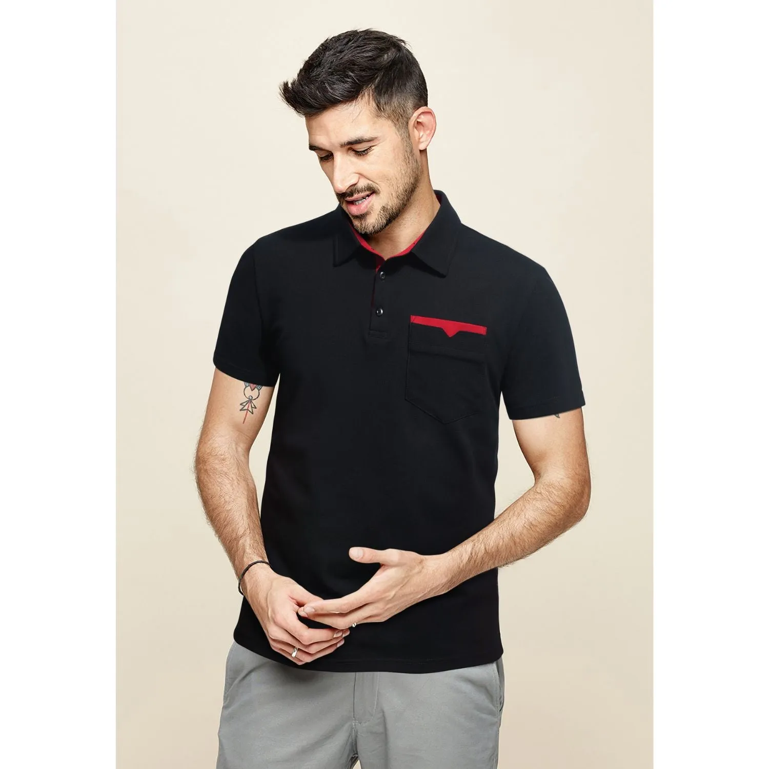Men's Polo Shirt with Pocket - BLACK/RED