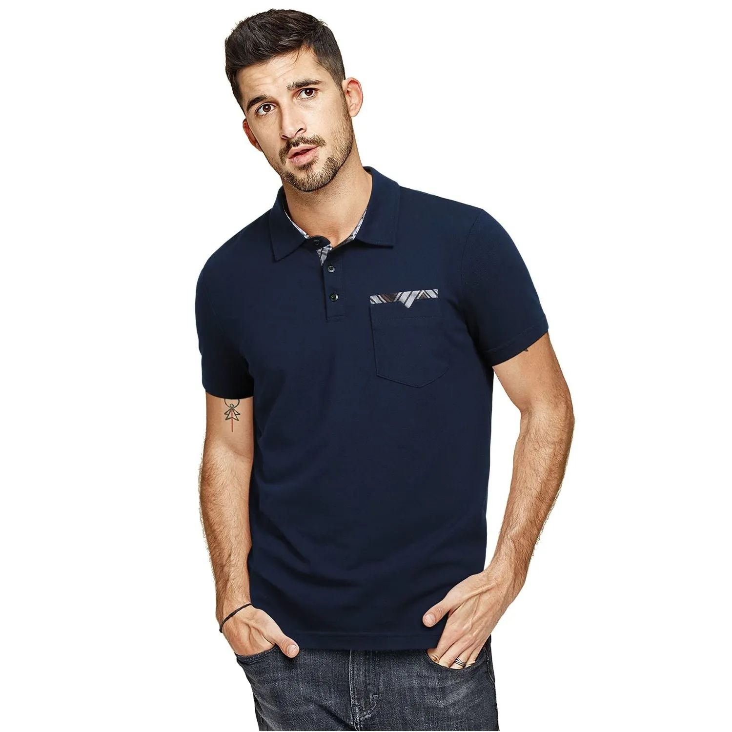 Men's Polo Shirt with Pocket - J-BLUE-CHECKED2