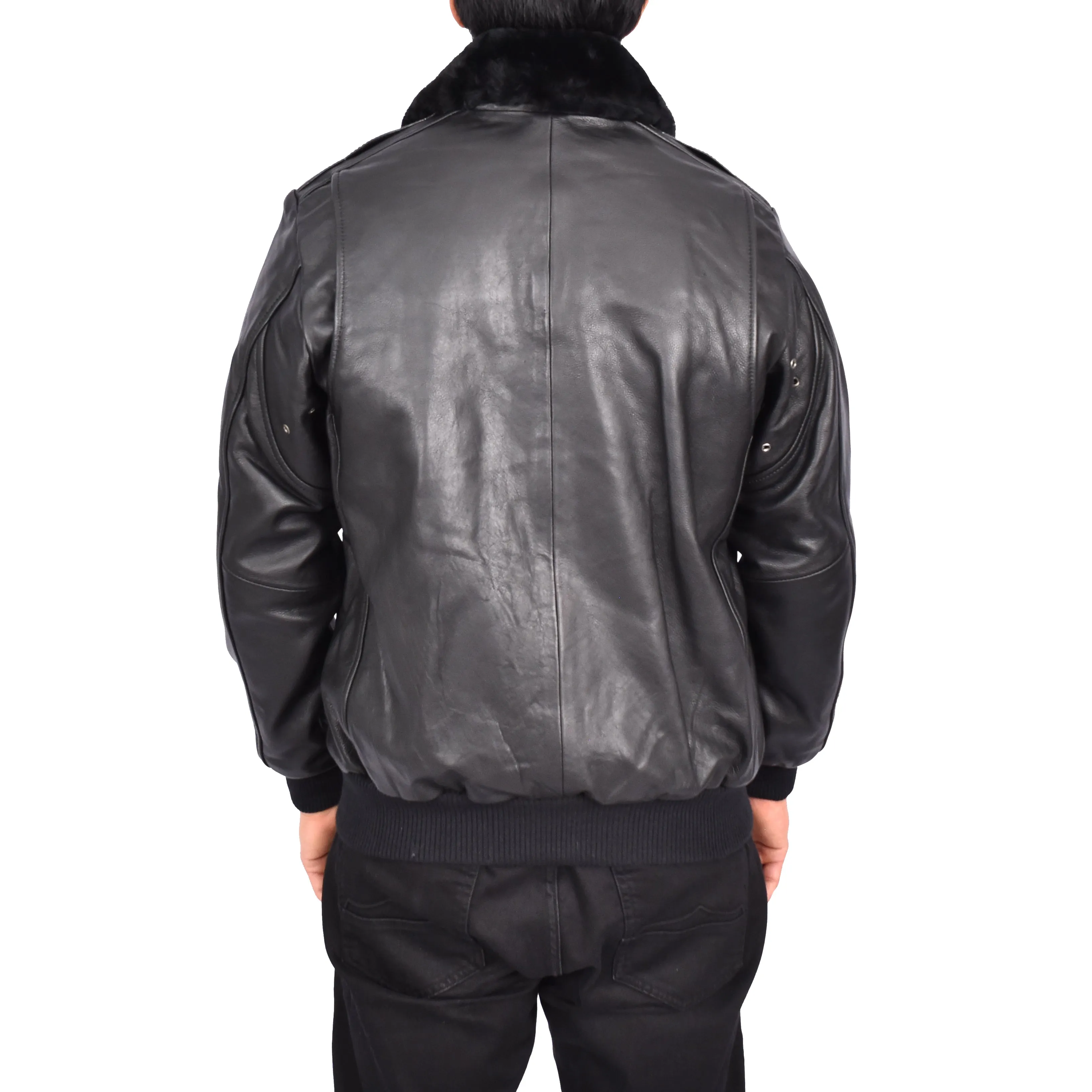Men's Real Leather Bomber Pilot Jacket Removable Collar Black Edzard