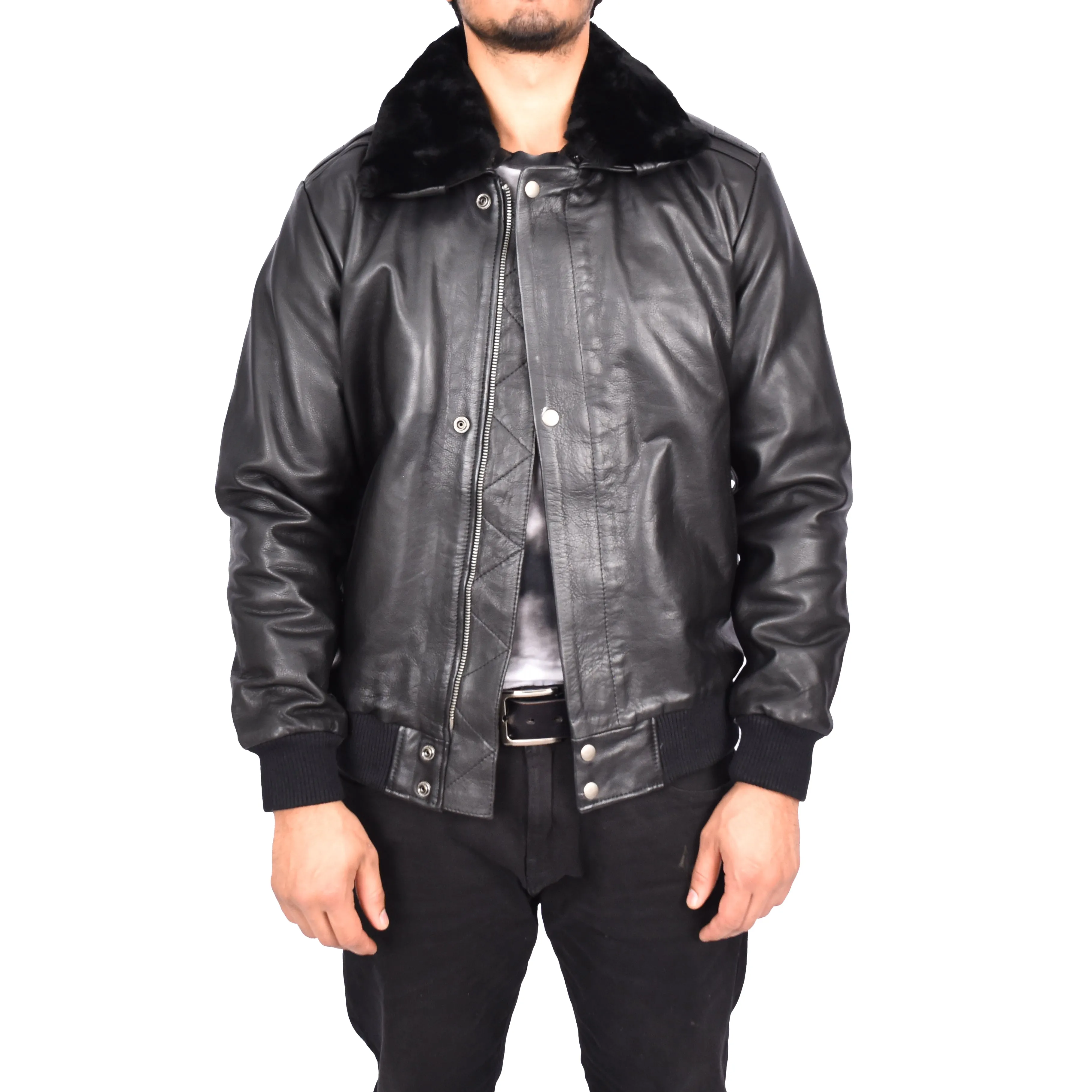 Men's Real Leather Bomber Pilot Jacket Removable Collar Black Edzard