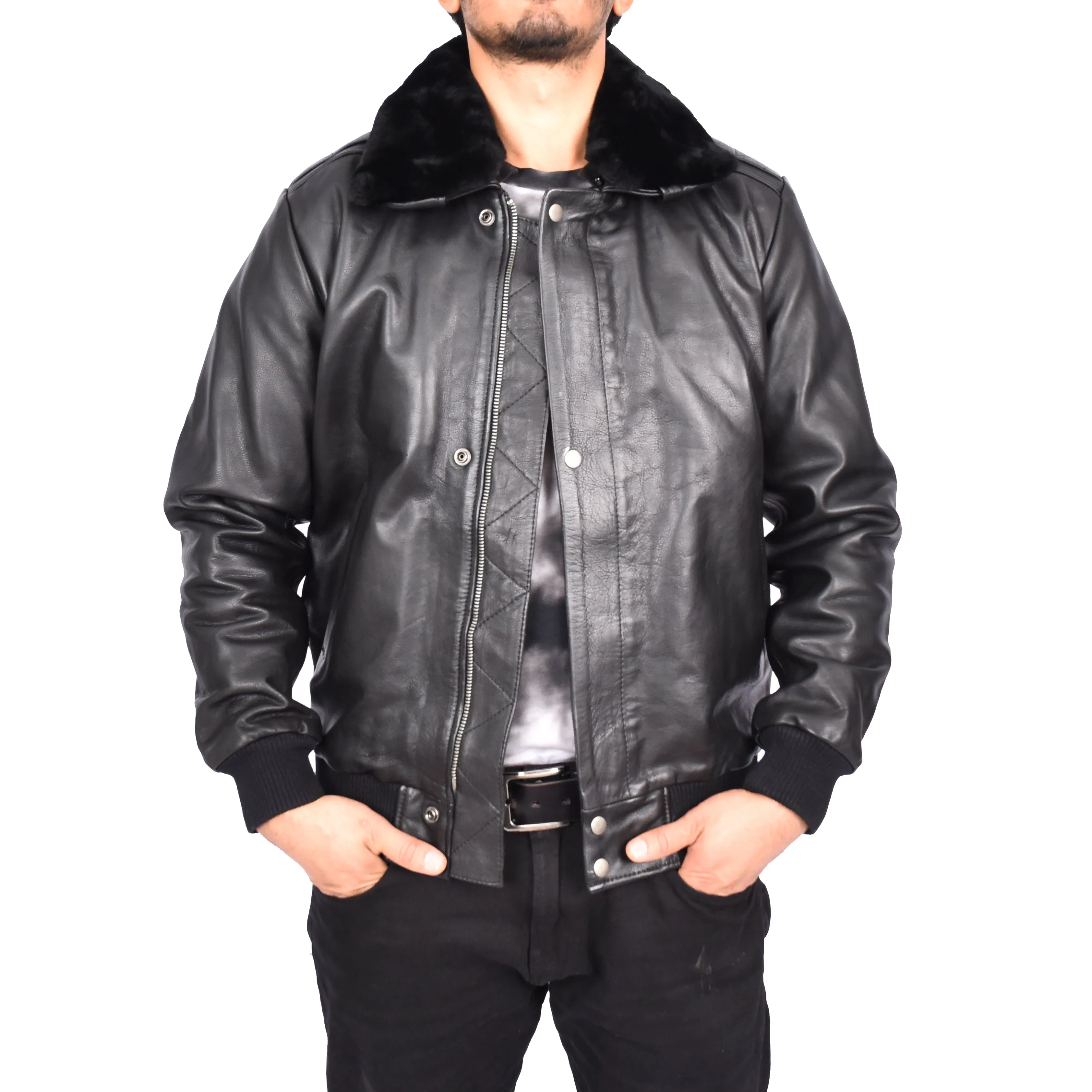 Men's Real Leather Bomber Pilot Jacket Removable Collar Black Edzard