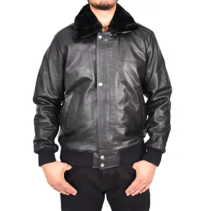 Men's Real Leather Bomber Pilot Jacket Removable Collar Black Edzard