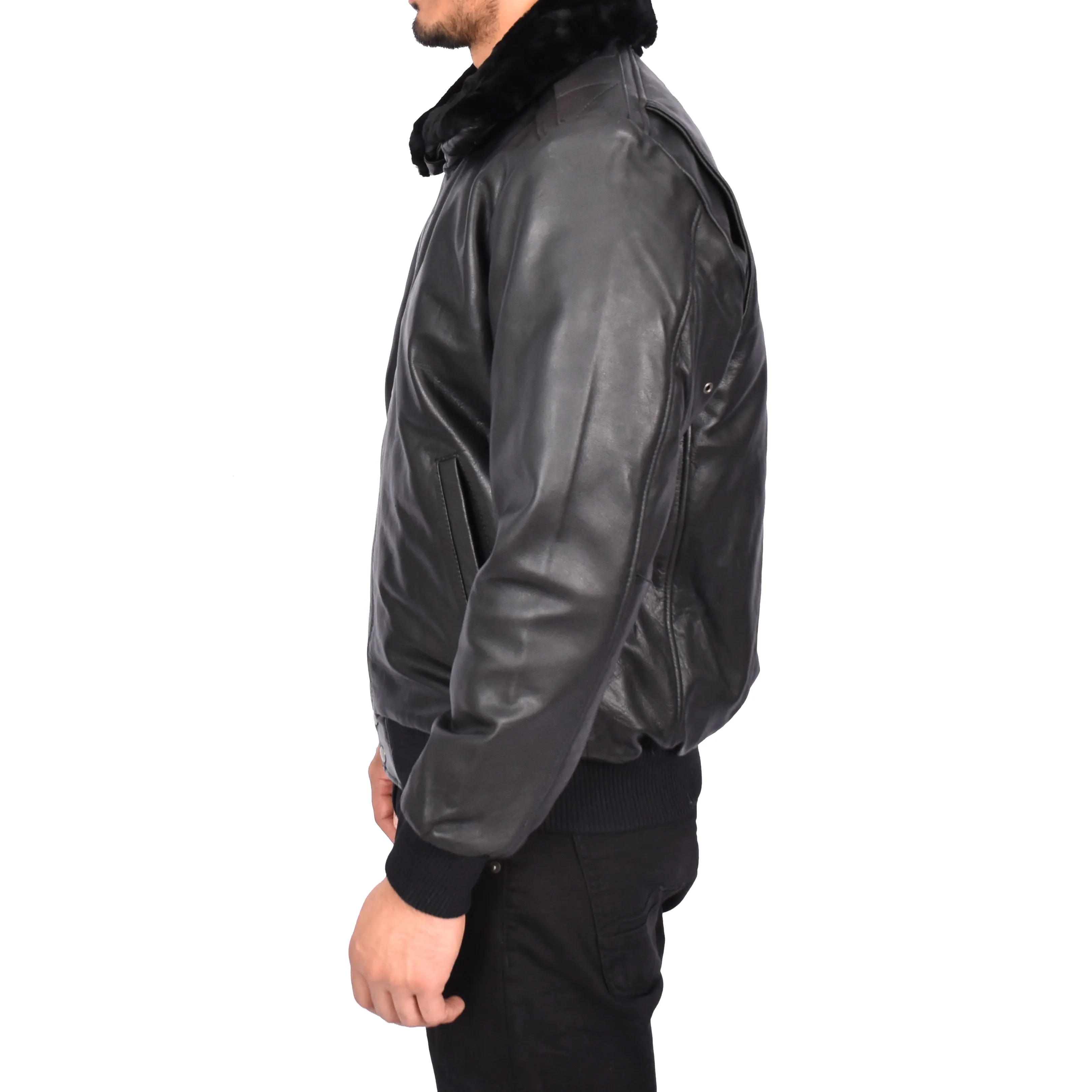 Men's Real Leather Bomber Pilot Jacket Removable Collar Black Edzard
