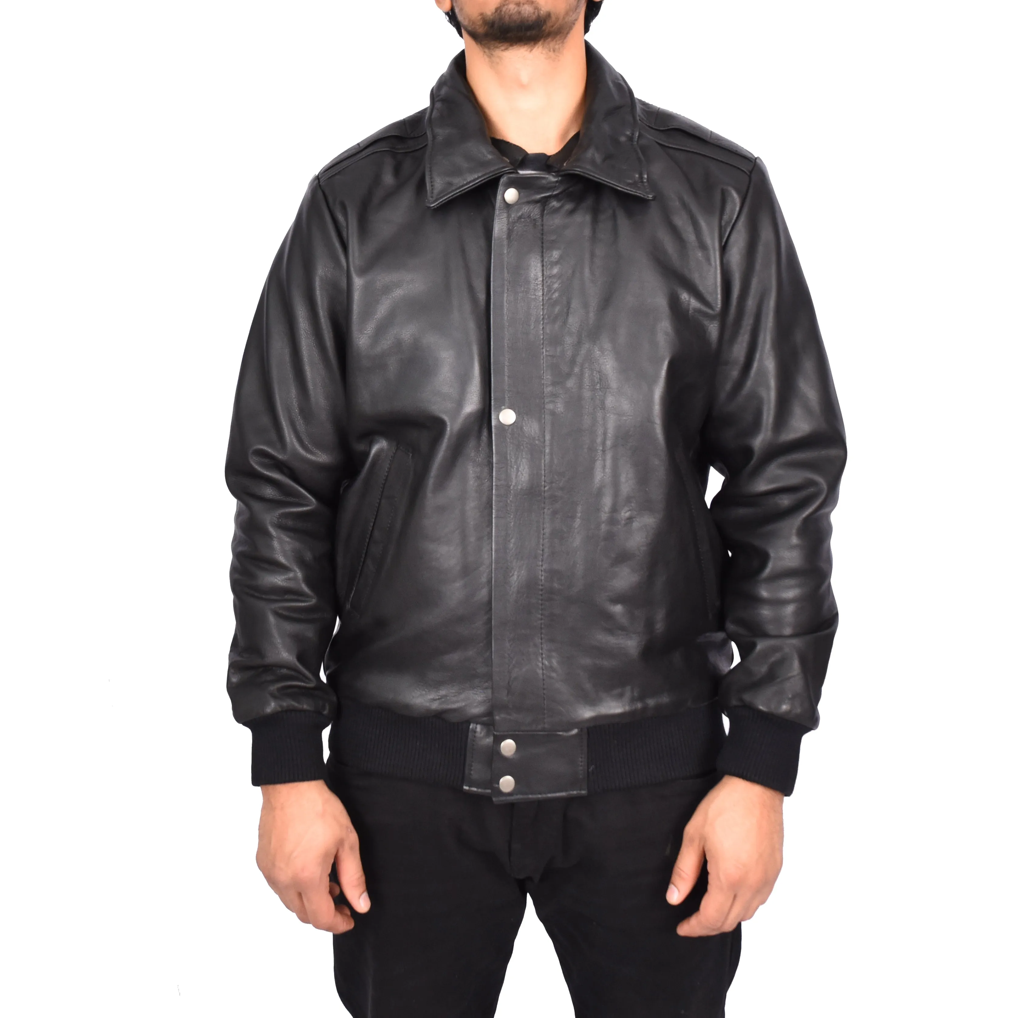 Men's Real Leather Bomber Pilot Jacket Removable Collar Black Edzard