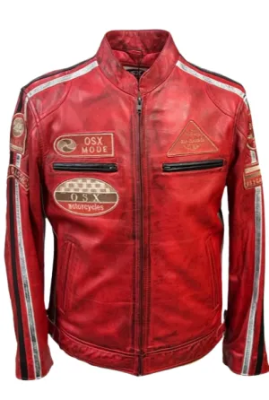 Men's Real Leather Jacket Motorcycle Band Collar Patch Fashion Biker Jacket1184-RED