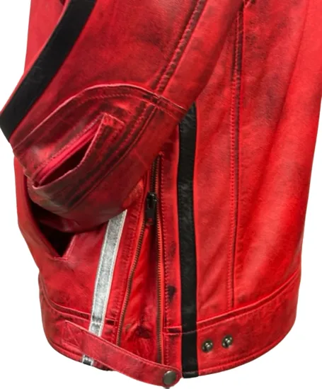 Men's Real Leather Jacket Motorcycle Band Collar Patch Fashion Biker Jacket1184-RED