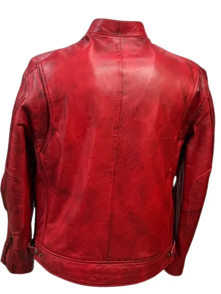 Men's Real Leather Jacket Motorcycle Band Collar Patch Fashion Biker Jacket1184-RED